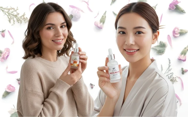 Two girls holding BeautyKey products on About Us page showcasing radiant and healthy skin
